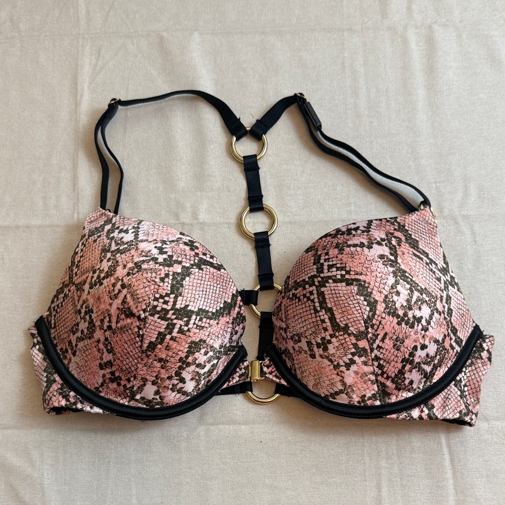 Victoria’s Secret Pink Snake Print Bra with Black Straps Size 32C